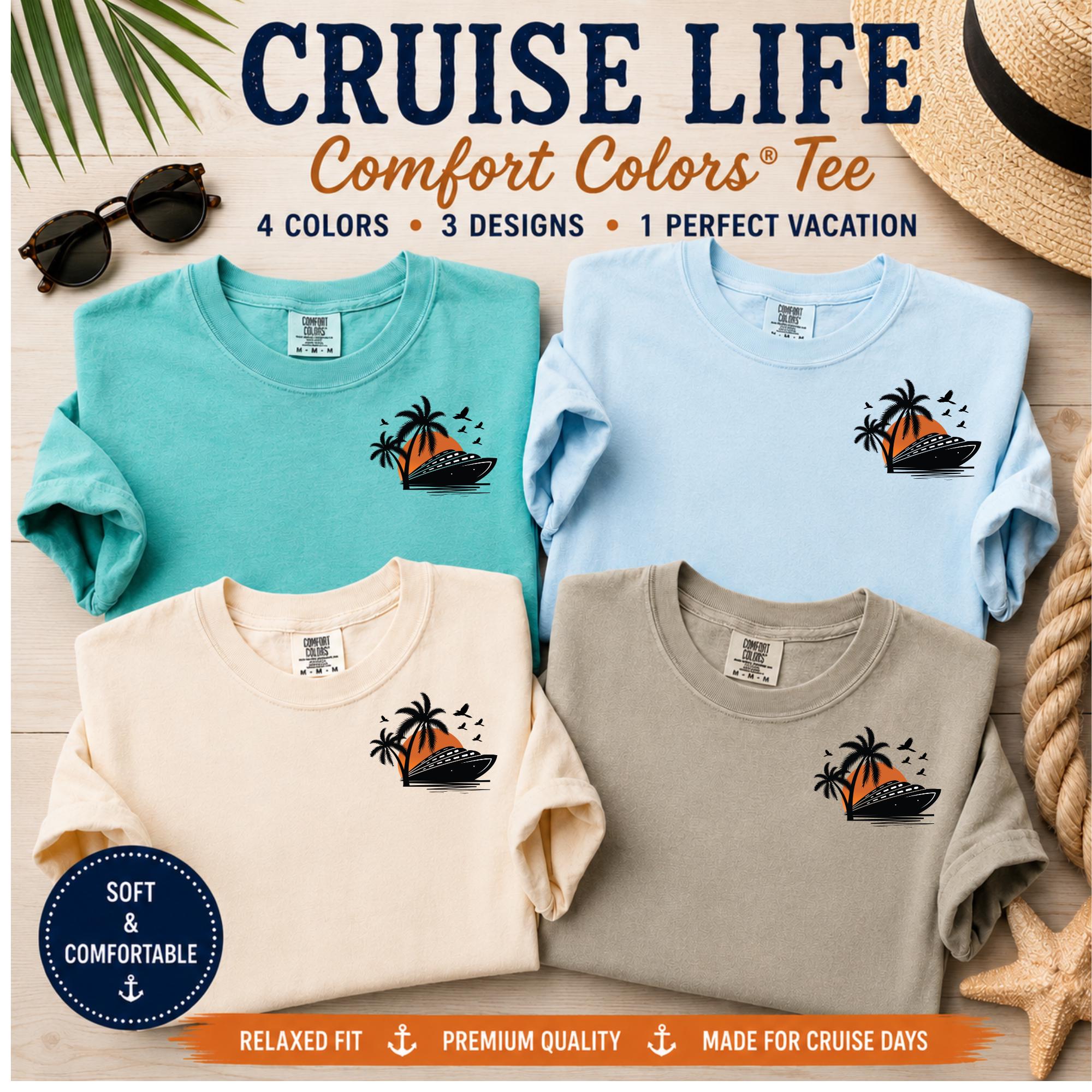 Comfort Colors Cruise Ship Pocket Tee, Sunset Cruise Design