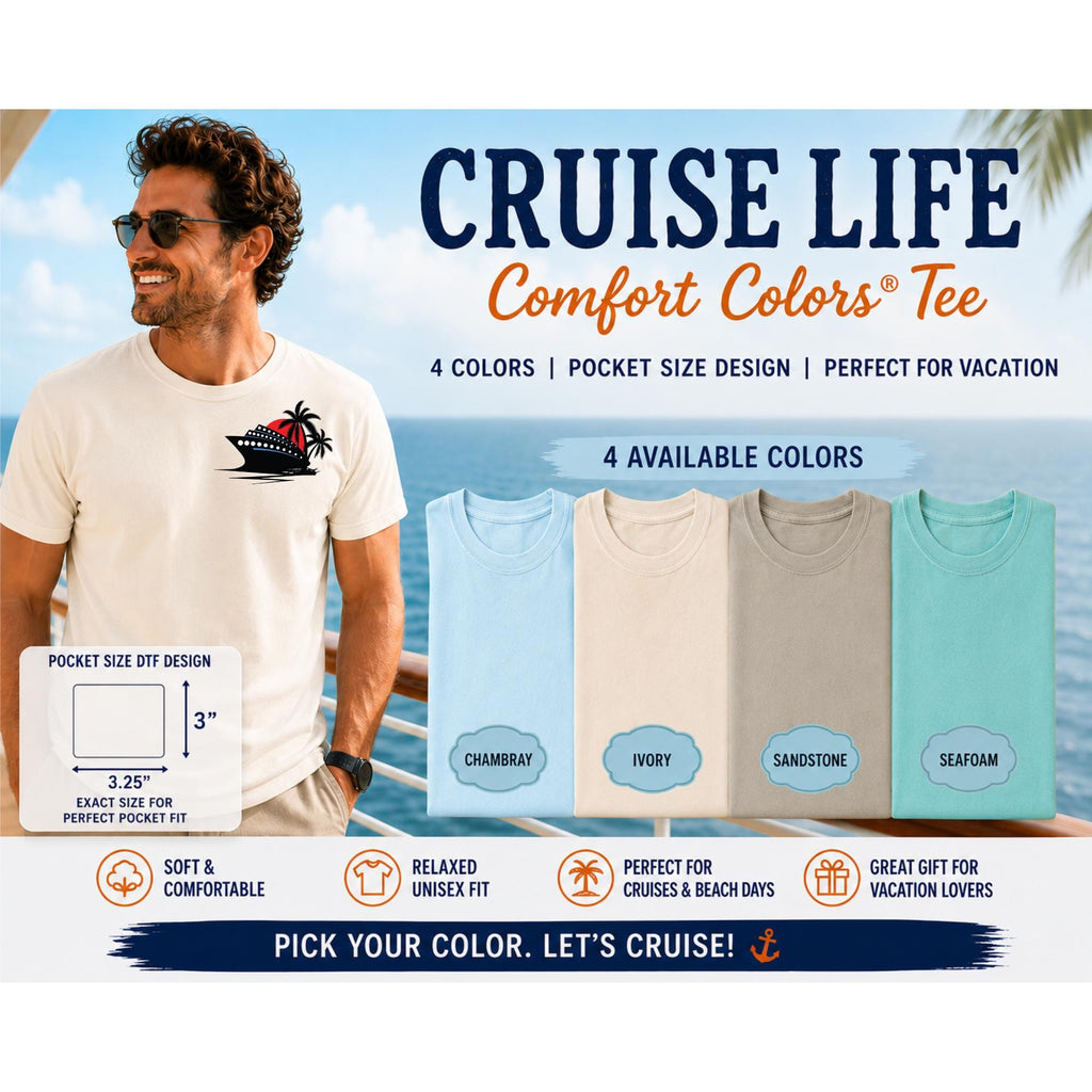 Comfort Colors Cruise Ship Pocket Tee, Tropical Palm Design