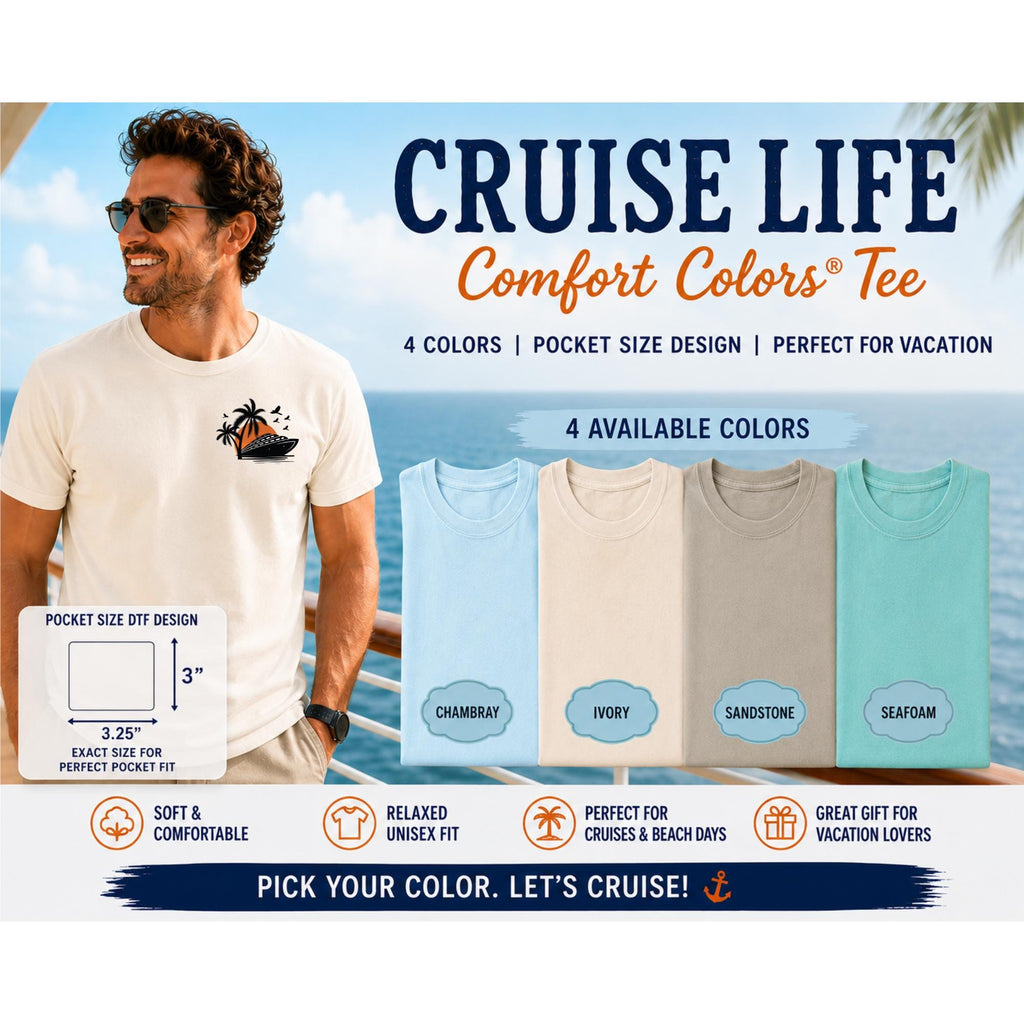 Comfort Colors Cruise Ship Pocket Tee, Sunset Cruise Design